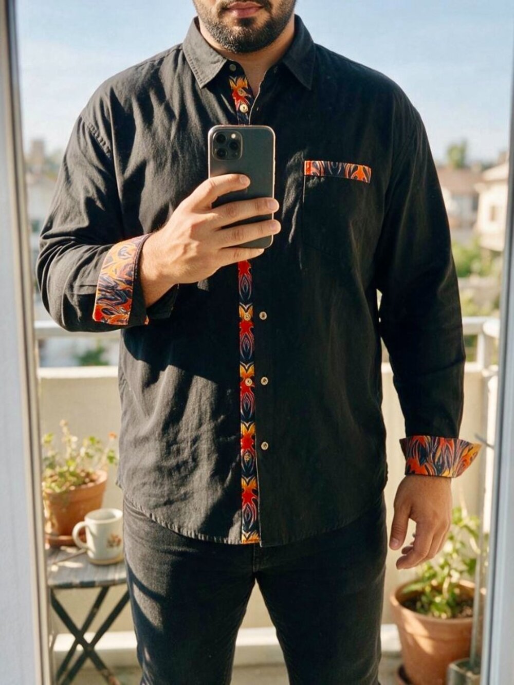 Hardaddy Men's 3XL Black Button Down Shirt Orange Print Contrast Cuffs